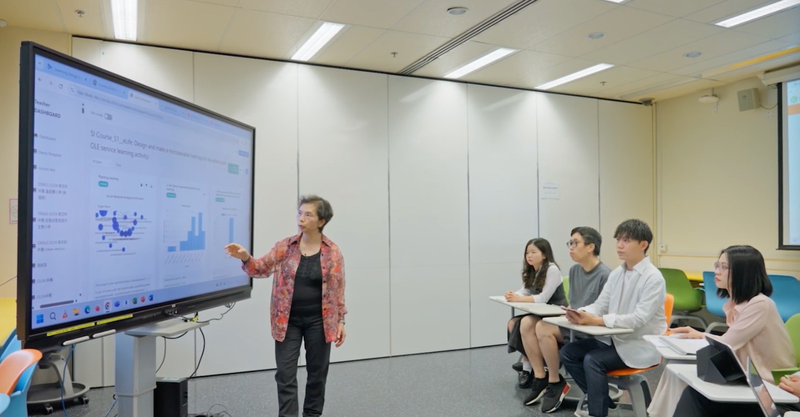 Teacher presenting analytics on large screen
